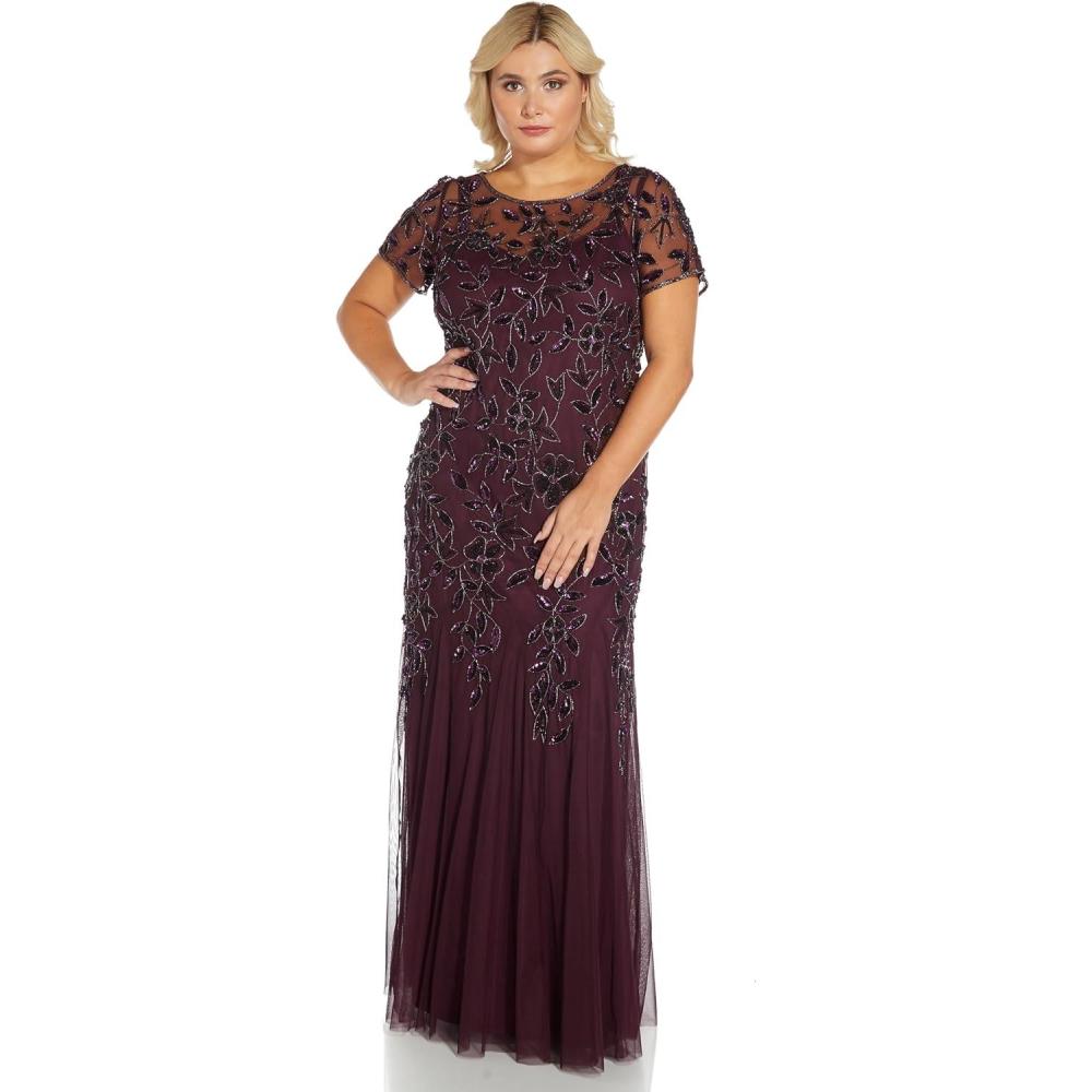 image:imageAdrianna Papell Womens Bead Long Dress with GodetsNight Plum