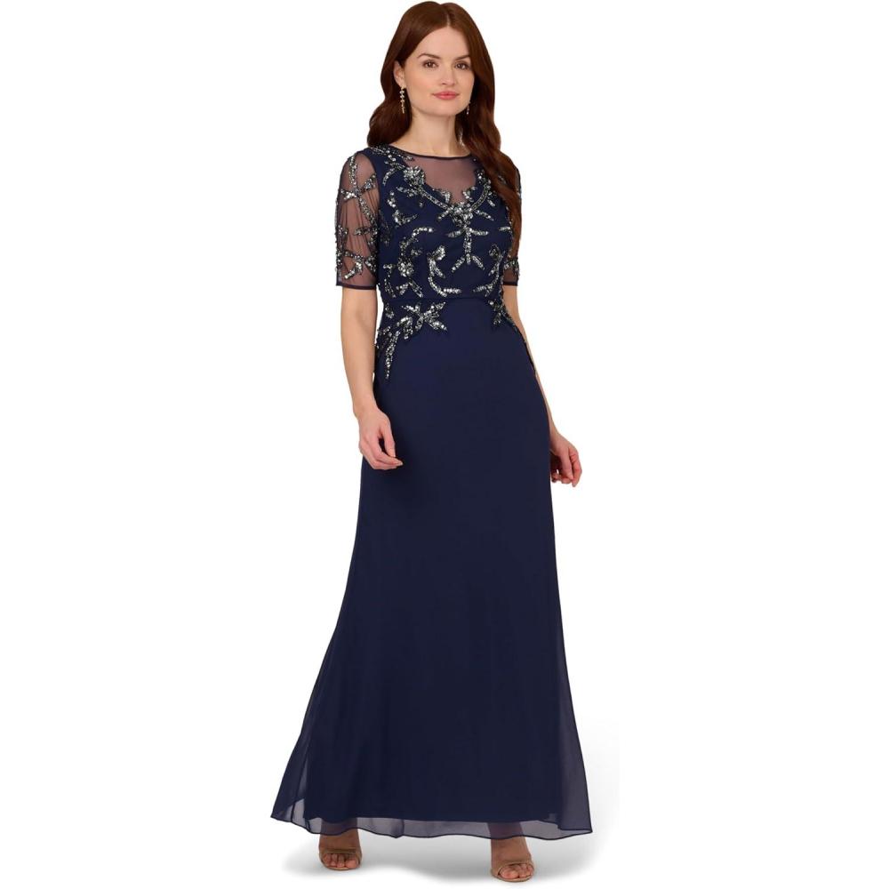 image:imageAdrianna Papell Womens Beaded Chiffon Long DressLight NavyGunmetal