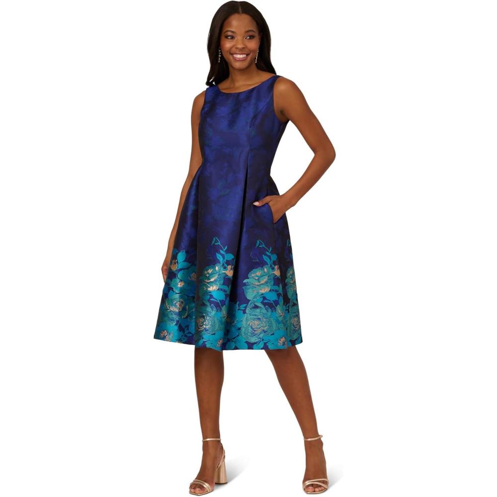 image:imageAdrianna Papell Womens Border Jacquard DressBlue Teal Multi