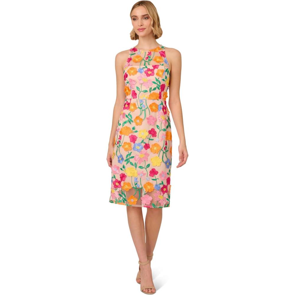 image:imageAdrianna Papell Womens Embroidered Column Midi DressPinkYellow Multi