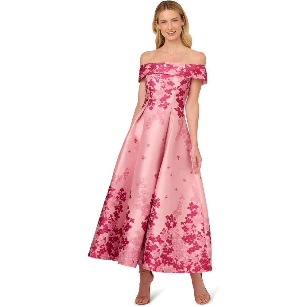 image:imageAdrianna Papell Womens Floral Off Shoulder Dress Formal Jacquard Dress with Fitted Bodice amp Structured Long Skirt