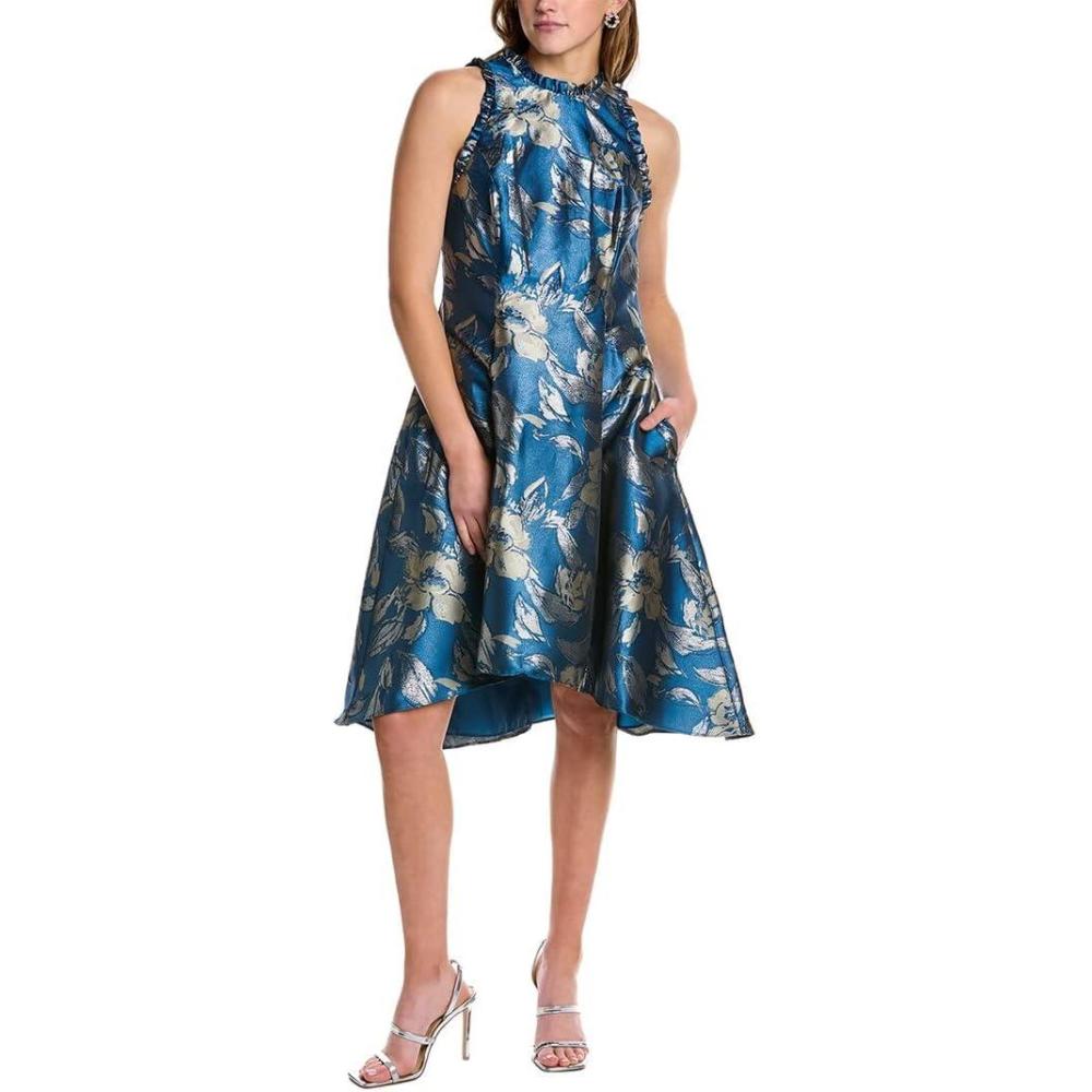 image:imageAdrianna Papell Womens Halter Jacquard DressDeep Blue Gold