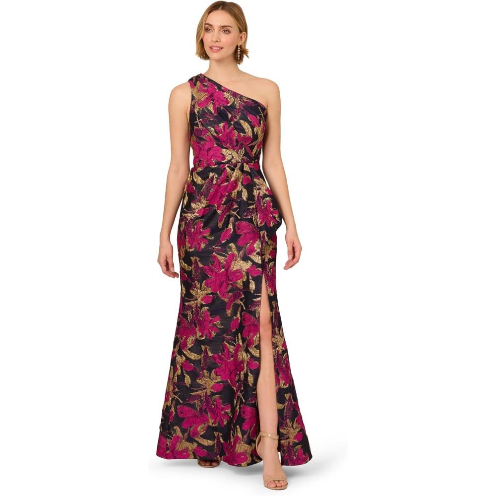 image:imageAdrianna Papell Womens One Shoulder Jacquard DressNavyPink