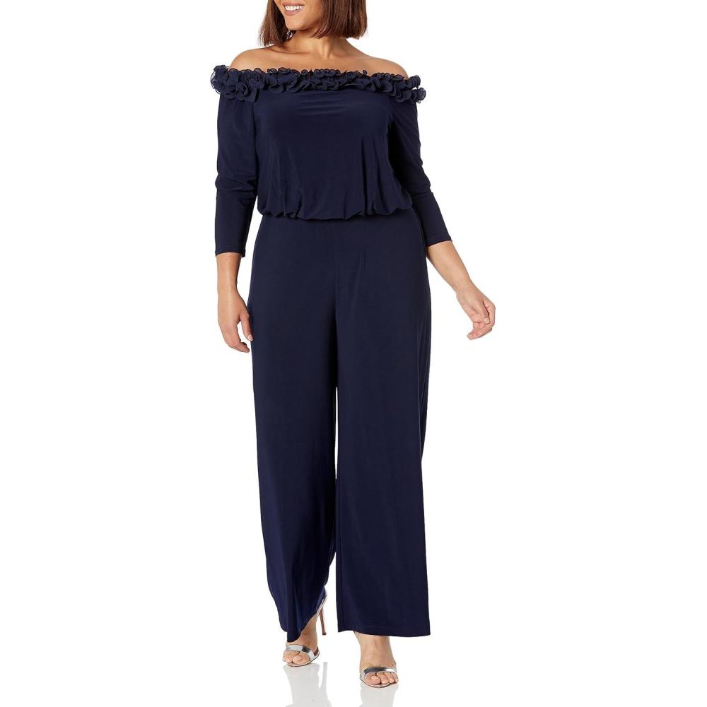image:imageAdrianna Papell Womens Ruffled Blouson JumpsuitNavy