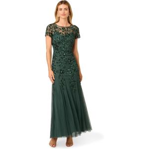 Adrianna Papell Womens Bead Long Dress with Godets(Dusty Emerald)