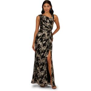 Adrianna Papell Womens Crinkle Metallic Mesh Gown(Black/Gold)