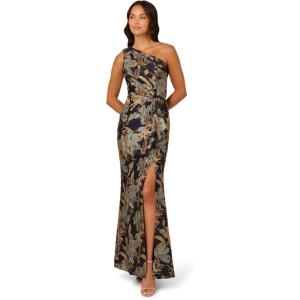 Adrianna Papell Womens One Shoulder Jacquard Dress(Blue/Gold)