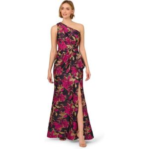 Adrianna Papell Womens One Shoulder Jacquard Dress(Navy/Pink)