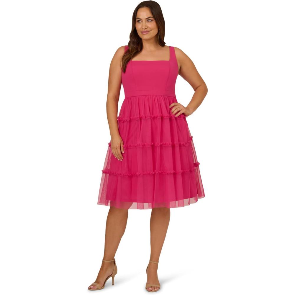 image:imageAdrianna Papell Womens Knit and Mesh Midi DressBright Rose