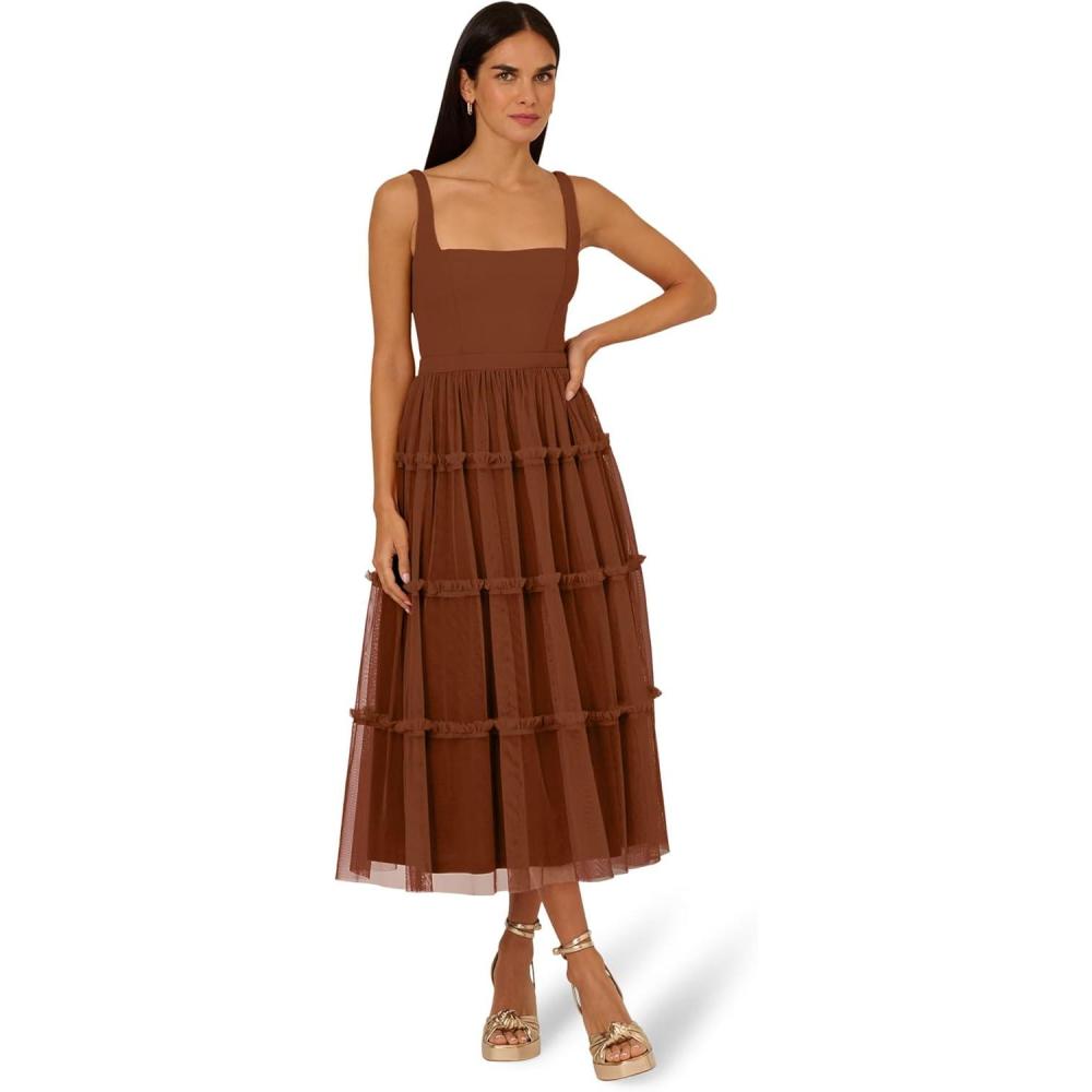 image:imageAdrianna Papell Womens Knit and Mesh Midi DressTimber
