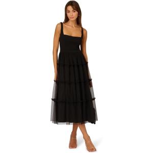 Adrianna Papell Womens Knit and Mesh Midi Dress(Black)