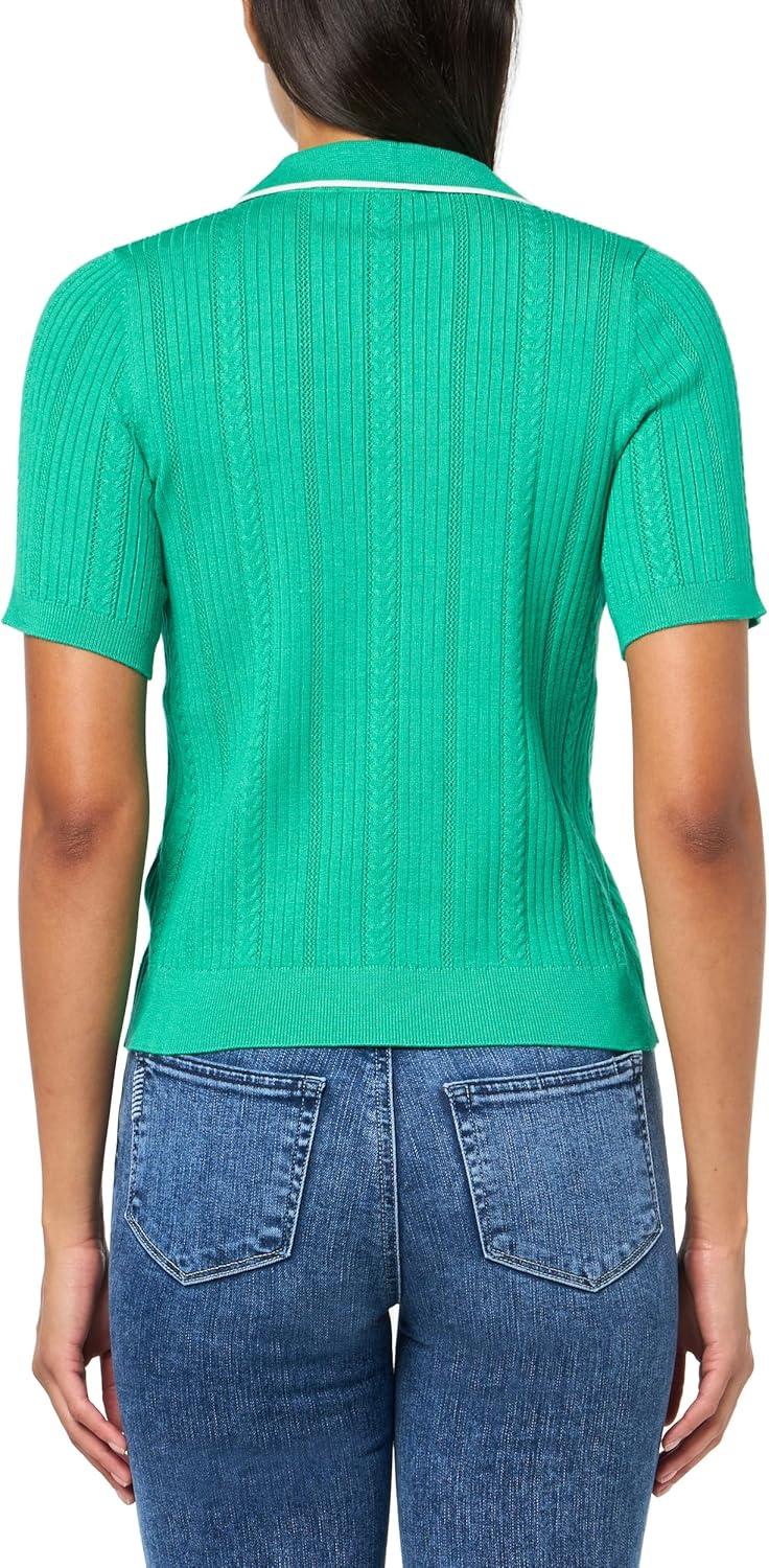 image:imageAdrianna Papell Womens Open VNeck Polo Mix Rib Cable Sweater with Short SleevesSimply GreenIvory