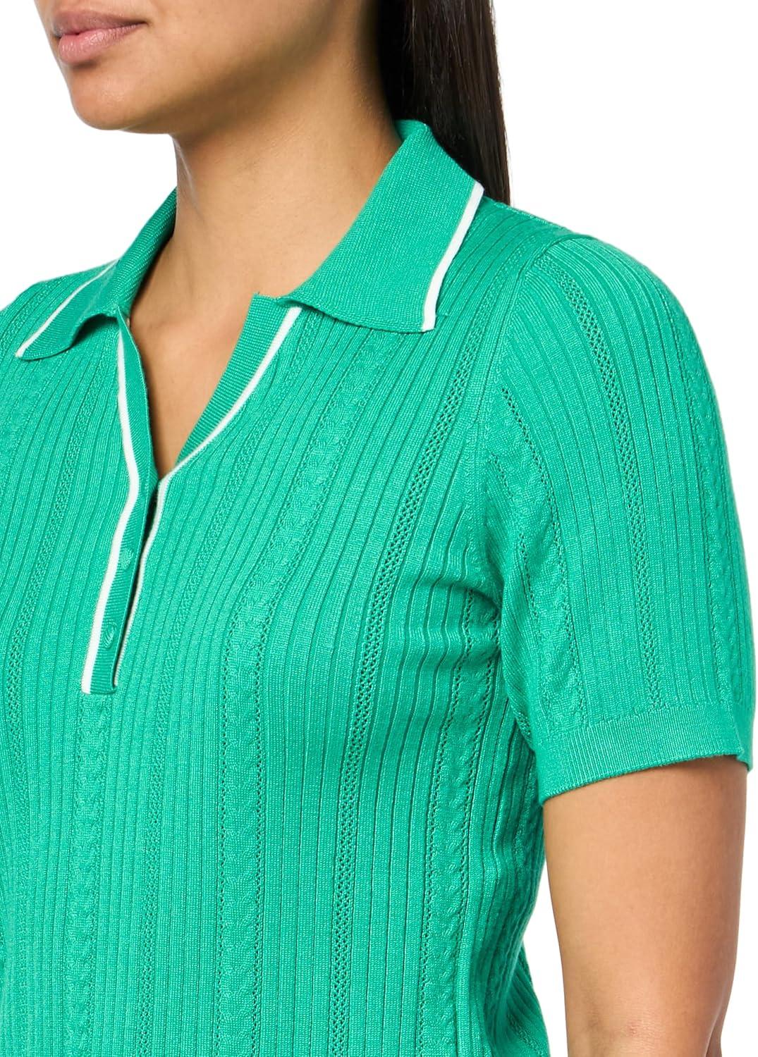 image:imageAdrianna Papell Womens Open VNeck Polo Mix Rib Cable Sweater with Short SleevesSimply GreenIvory