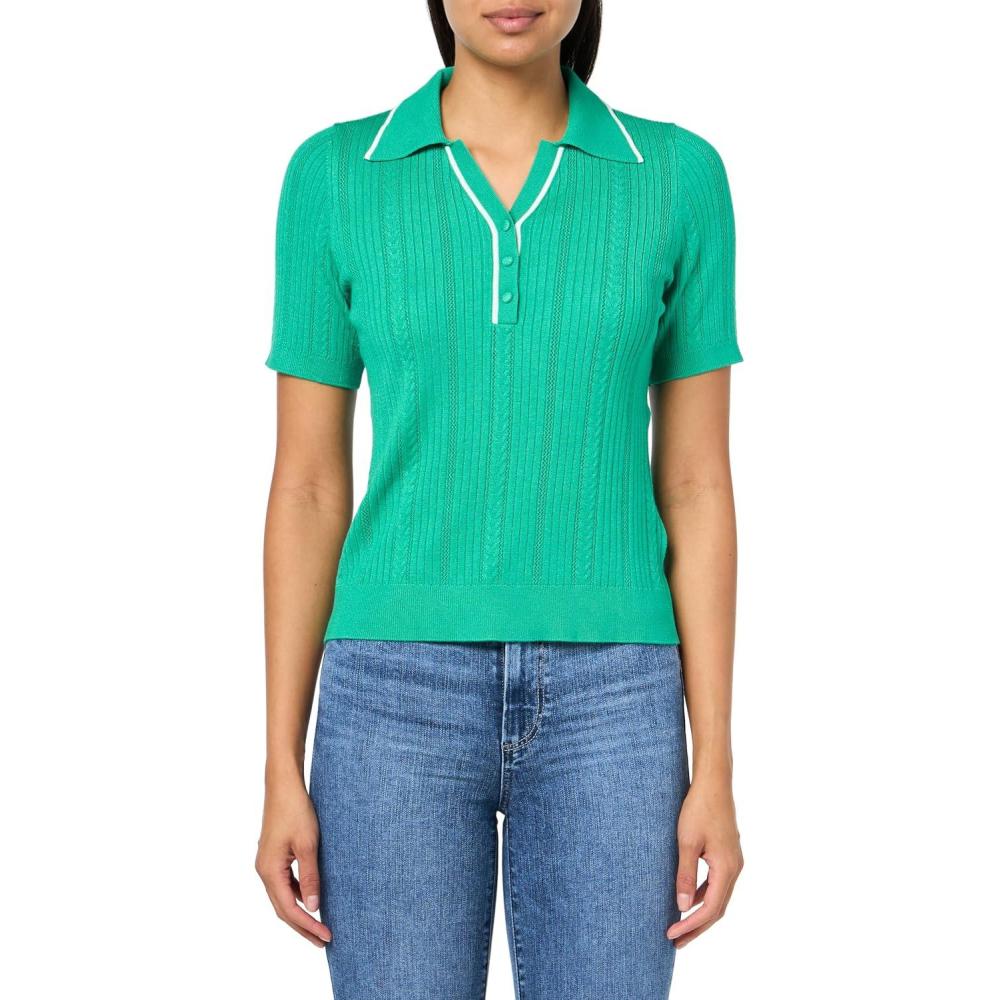 image:imageAdrianna Papell Womens Open VNeck Polo Mix Rib Cable Sweater with Short SleevesSimply GreenIvory
