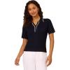 Adrianna Papell Womens Open V-Neck Polo Mix Rib Cable Sweater with Short Sleeves(Navy/Ivory)