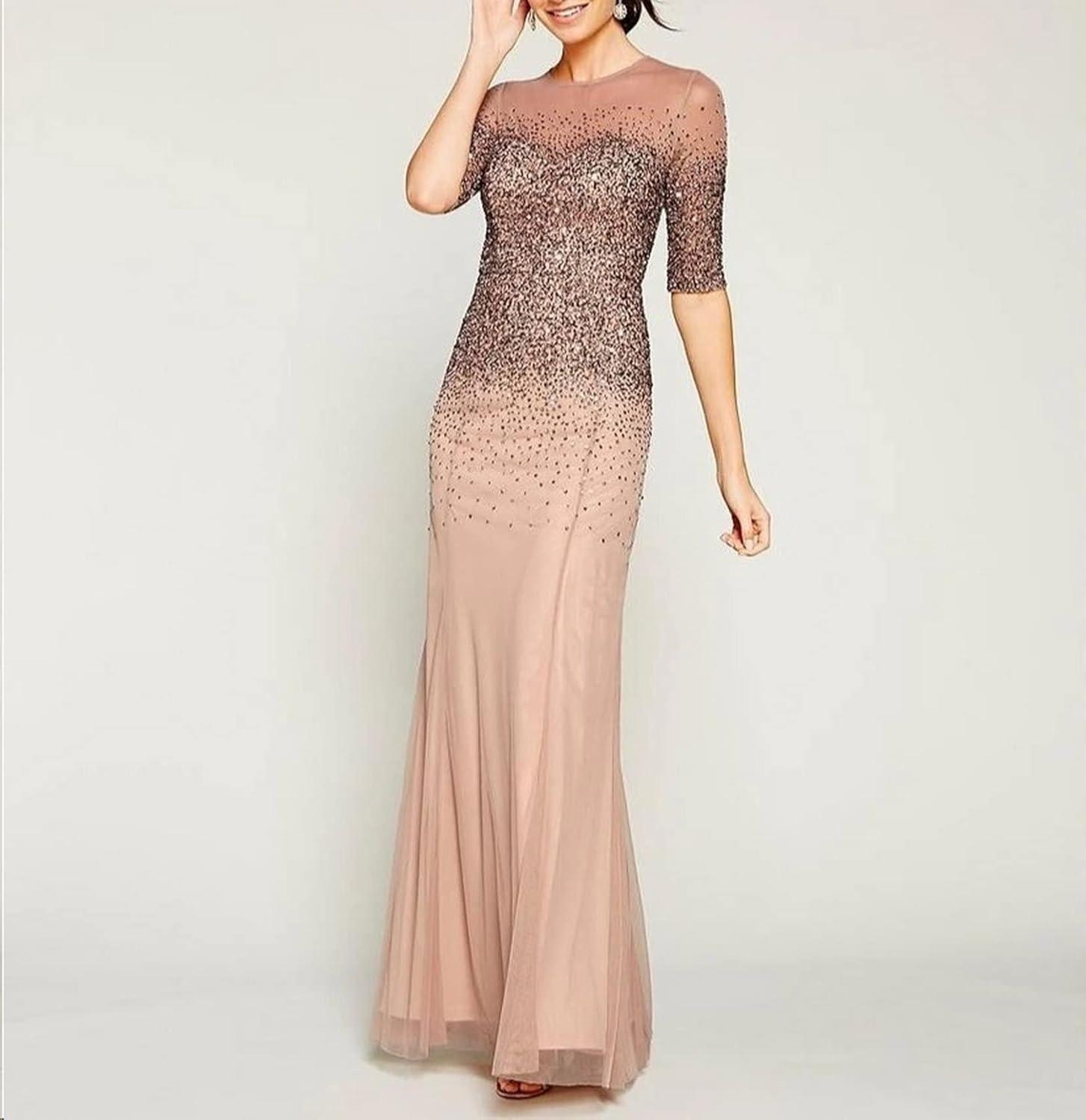 image:imageAdrianna Papell Womens Beaded Illusion Dress Long Sequin Evening Dress with Fitted Bodice amp Tulle Skirt OverlayBuff