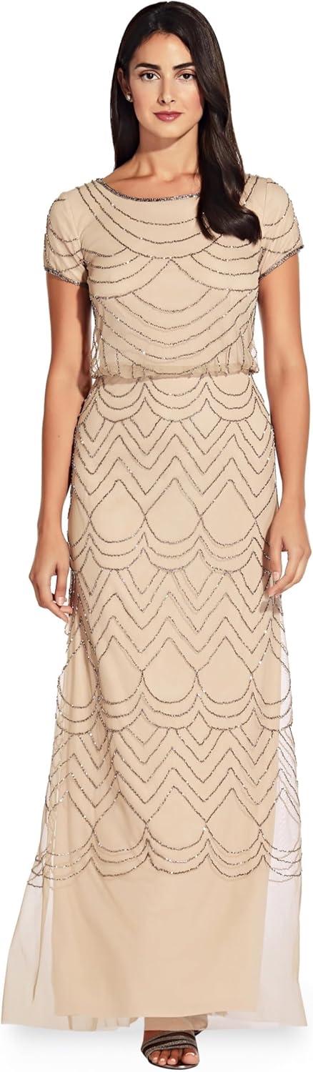 image:imageAdrianna Papell Womens Blouson Beaded Long Dress Formal Beaded Dress with Bloused Bodice amp Floral EmbellishmentsBlush