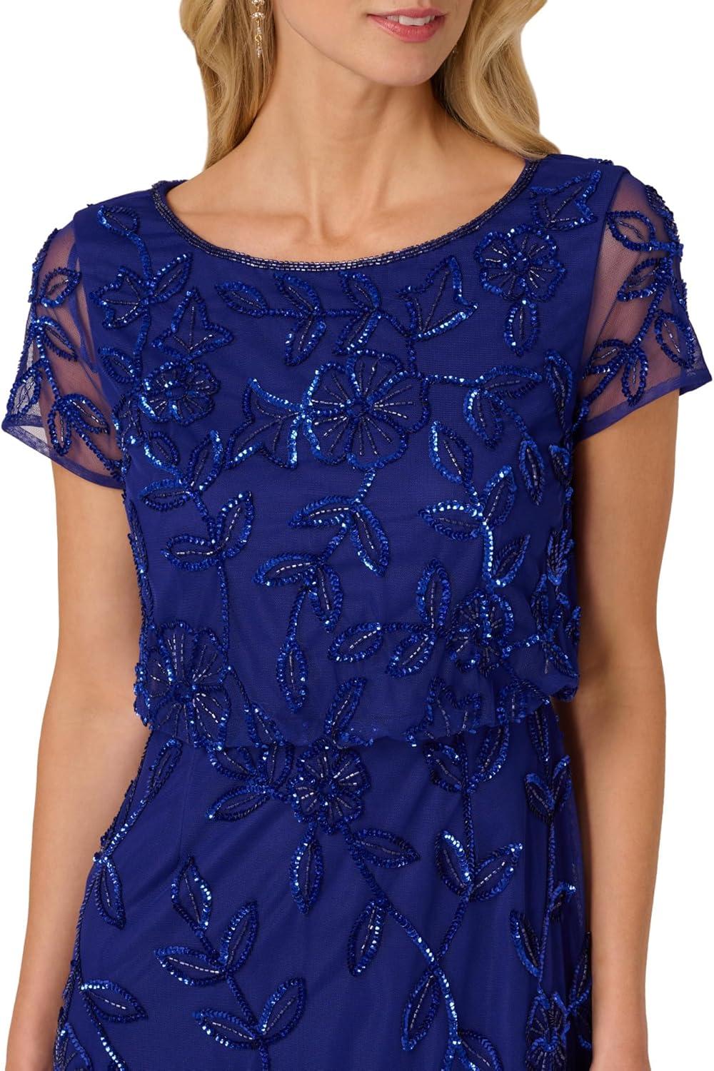image:imageAdrianna Papell Womens Blouson Beaded Long Dress Formal Beaded Dress with Bloused Bodice amp Floral EmbellishmentsDark Blue Violet