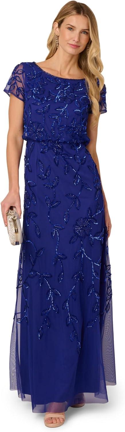 image:imageAdrianna Papell Womens Blouson Beaded Long Dress Formal Beaded Dress with Bloused Bodice amp Floral EmbellishmentsDark Blue Violet