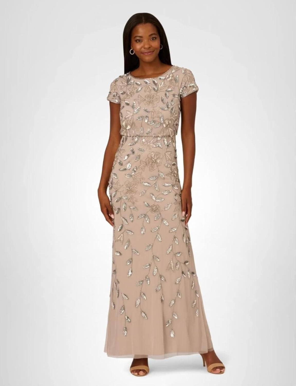 image:imageAdrianna Papell Womens Blouson Beaded Long Dress Formal Beaded Dress with Bloused Bodice amp Floral EmbellishmentsMarble