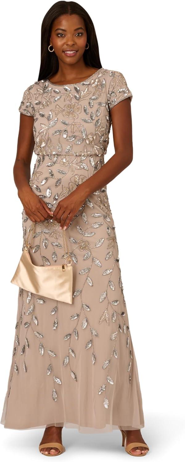 image:imageAdrianna Papell Womens Blouson Beaded Long Dress Formal Beaded Dress with Bloused Bodice amp Floral EmbellishmentsMarble