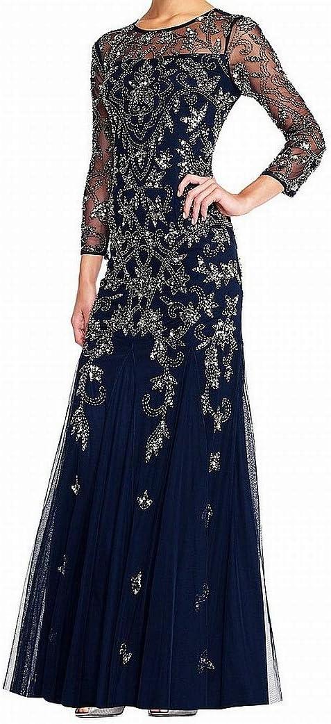 image:imageAdrianna Papell Womens Long Sleeve Bead Dress Floor Length Formal Gown with Intricate Beading amp 34 Length SleevesMidnight