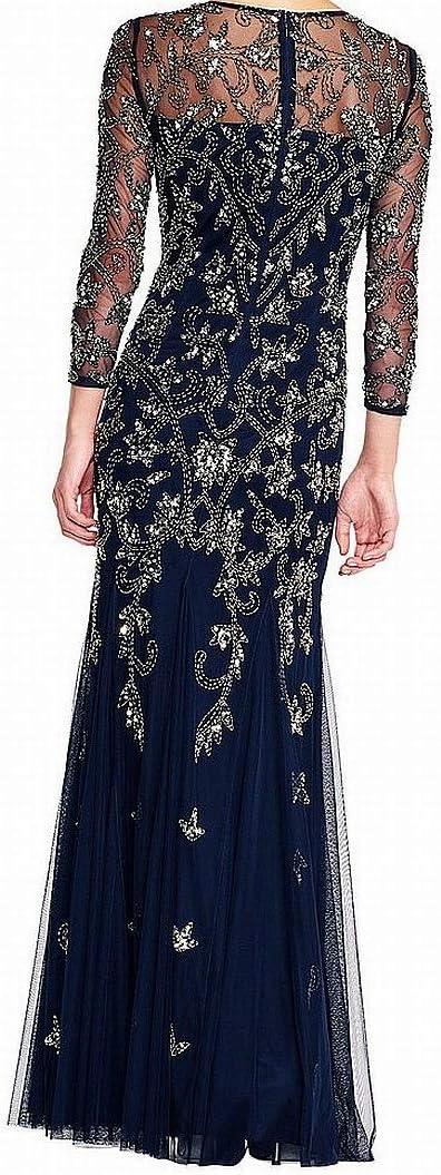 image:imageAdrianna Papell Womens Long Sleeve Bead Dress Floor Length Formal Gown with Intricate Beading amp 34 Length SleevesMidnight