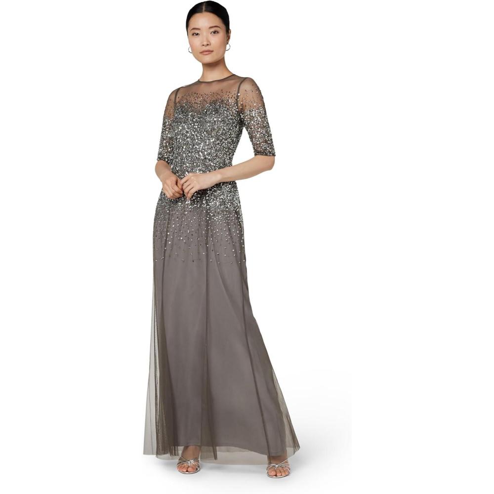image:imageAdrianna Papell Womens Beaded Illusion Dress  Long Sequin Evening Dress with Fitted Bodice amp Tulle Skirt OverlayLead