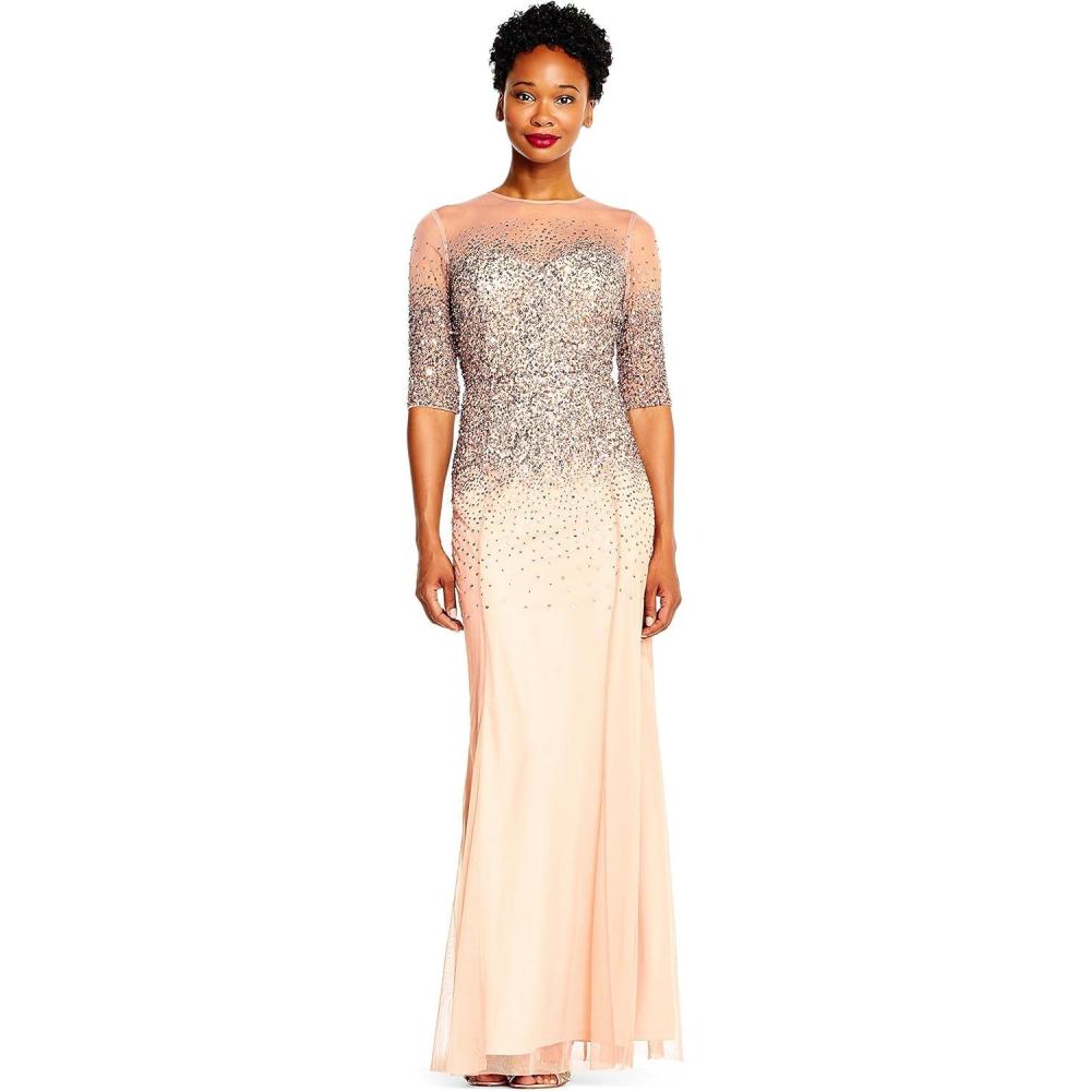image:imageAdrianna Papell Womens Beaded Illusion Dress  Long Sequin Evening Dress with Fitted Bodice amp Tulle Skirt OverlayRosegold