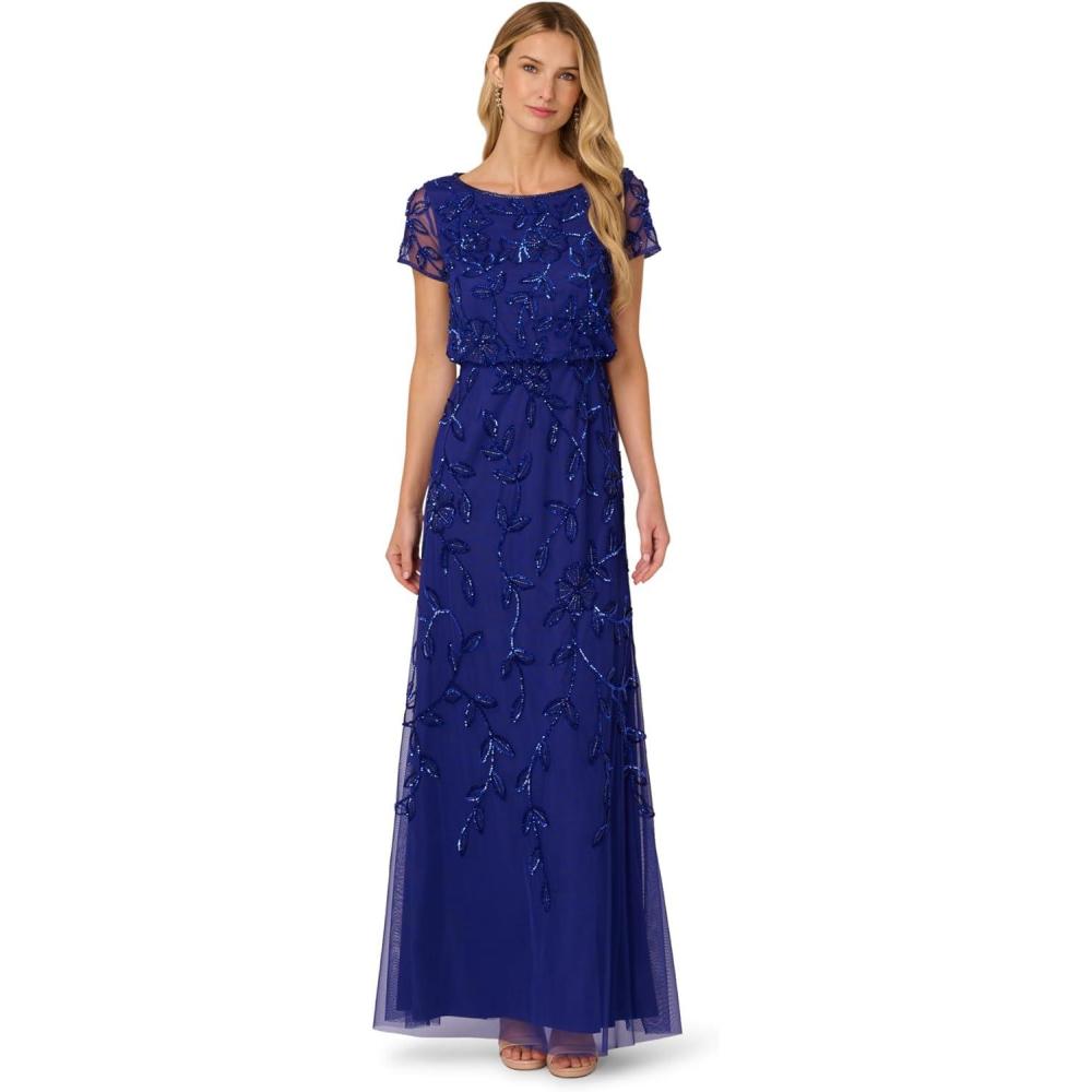 image:imageAdrianna Papell Womens Blouson Beaded Long Dress  Formal Beaded Dress with Bloused Bodice amp Floral EmbellishmentsDark Blue Violet