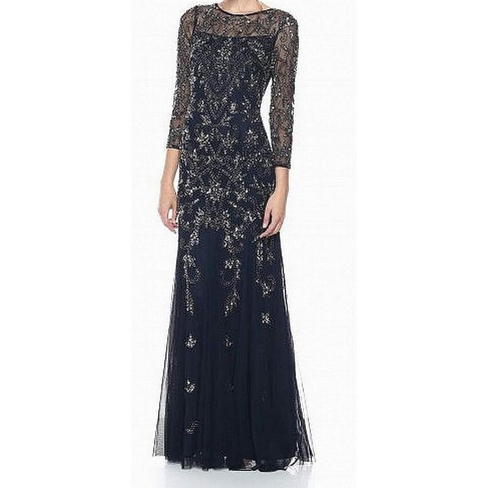image:imageAdrianna Papell Womens Long Sleeve Bead Dress  Floor Length Formal Gown with Intricate Beading amp 34 Length SleevesMidnight