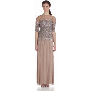 Adrianna Papell Women’s Beaded Illusion Dress | Long Sequin Evening Dress with Fitted Bodice & Tulle Skirt Overlay(Buff)