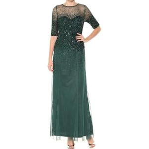 Adrianna Papell Women’s Beaded Illusion Dress | Long Sequin Evening Dress with Fitted Bodice & Tulle Skirt Overlay(Dusty Emerald)