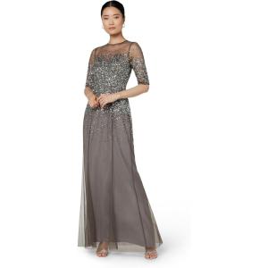 Adrianna Papell Women’s Beaded Illusion Dress | Long Sequin Evening Dress with Fitted Bodice & Tulle Skirt Overlay(Lead)