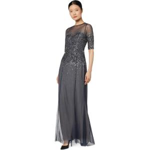 Adrianna Papell Women’s Beaded Illusion Dress | Long Sequin Evening Dress with Fitted Bodice & Tulle Skirt Overlay(Navy)
