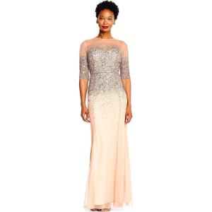 Adrianna Papell Women’s Beaded Illusion Dress | Long Sequin Evening Dress with Fitted Bodice & Tulle Skirt Overlay(Rosegold)