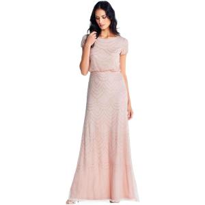Adrianna Papell Women’s Blouson Beaded Long Dress | Formal Beaded Dress with Bloused Bodice & Floral Embellishments(Blush)