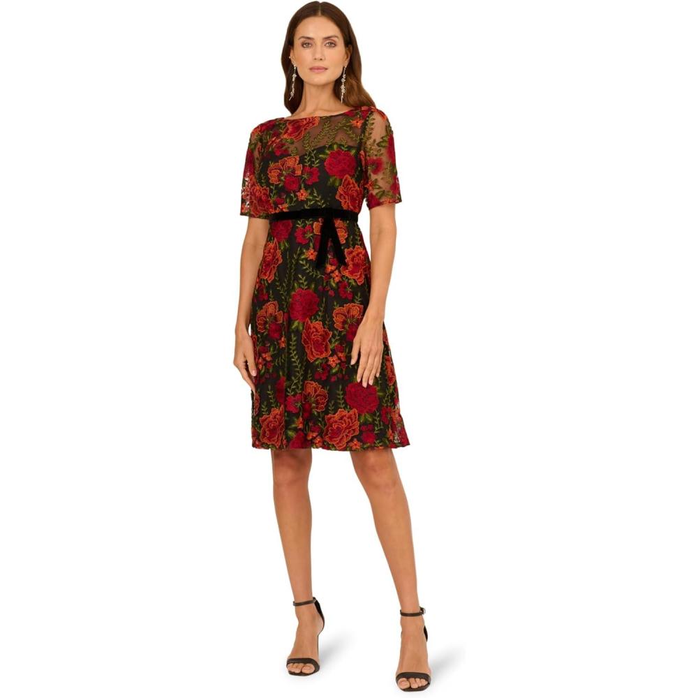 image:imageAdrianna Papell Womens Floral Embroidered Short DressRedBlack Multi