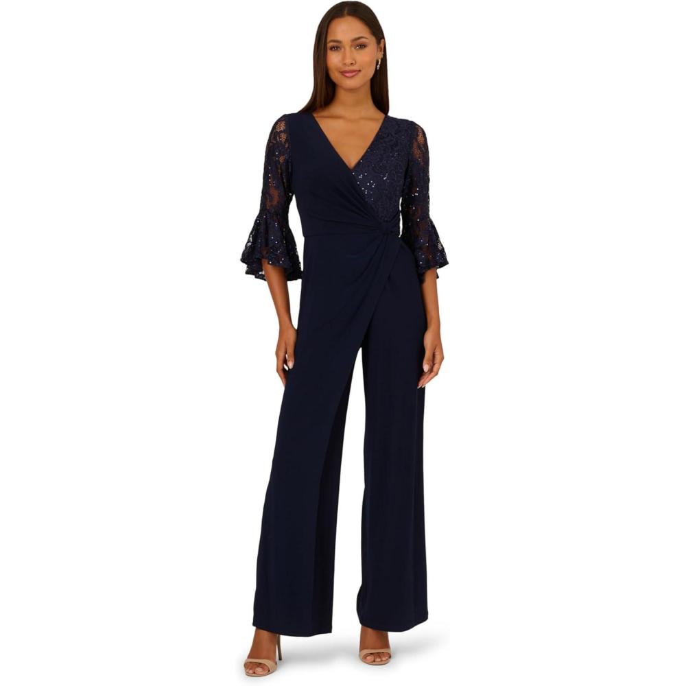 image:imageAdrianna Papell Womens Surplice Lace Combo Jumpsuit Midnight