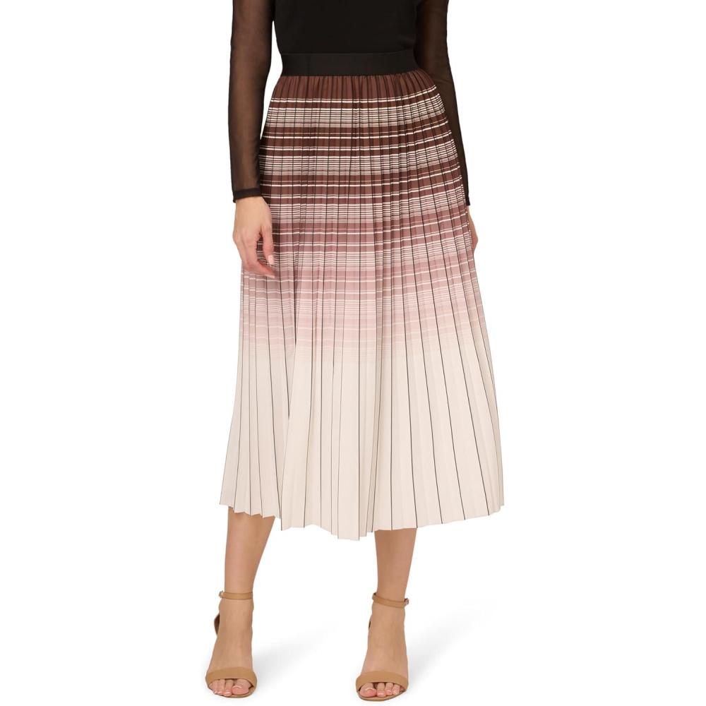 image:imageAdrianna Papell Womens Verigated Stripe Pleated SkirtMochaIvory Chevron Stripe