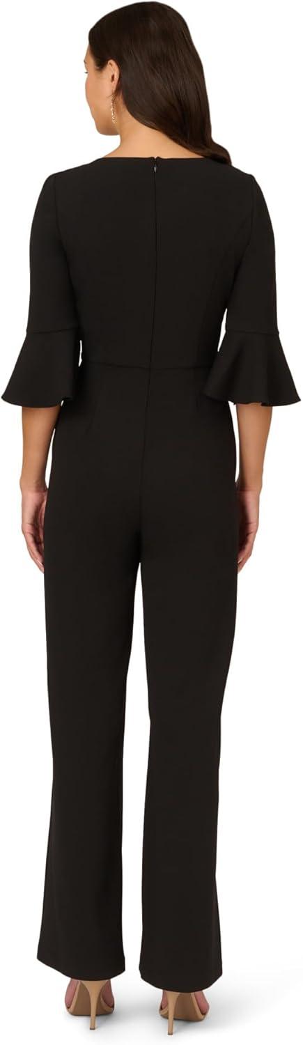 image:imageADRIANNA PAPELL Womens Knit Crepe Tie Front Jumpsuit Formal One Piece Jumpsuit with Bell Sleeves amp Wide Leg DesignBlack