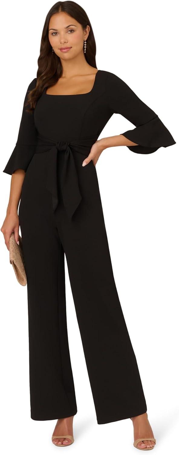 image:imageADRIANNA PAPELL Womens Knit Crepe Tie Front Jumpsuit Formal One Piece Jumpsuit with Bell Sleeves amp Wide Leg DesignBlack