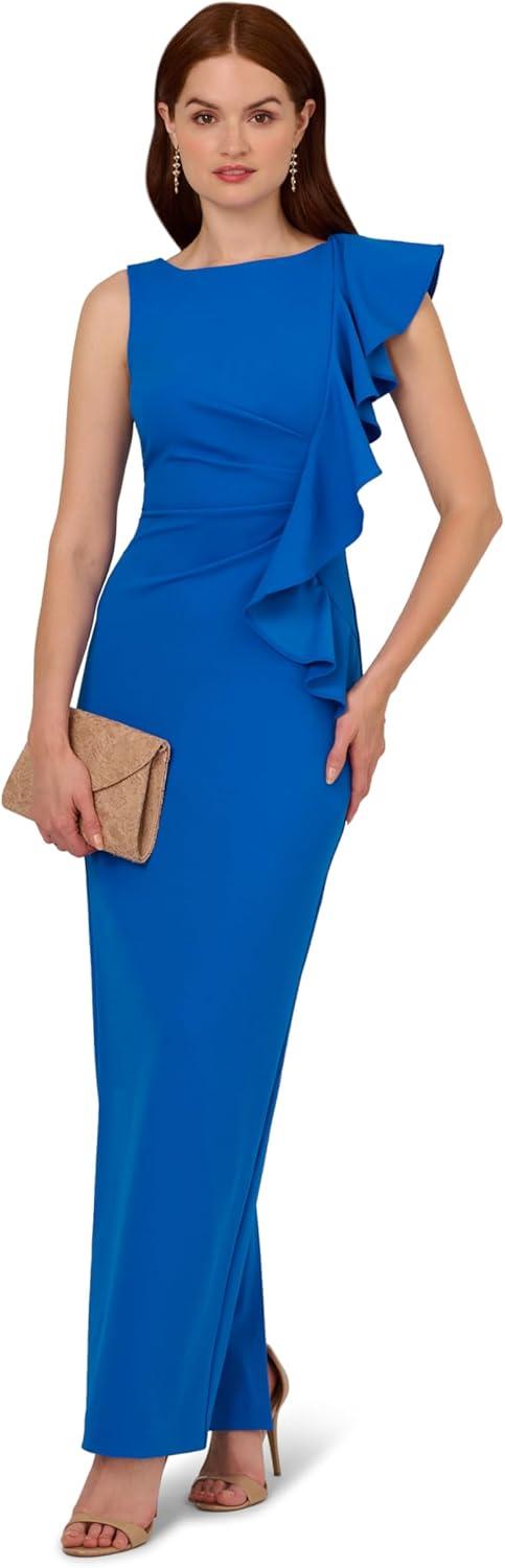 image:imageAdrianna Papell Womens Knit Crepe Ruffle GownCool Cobalt