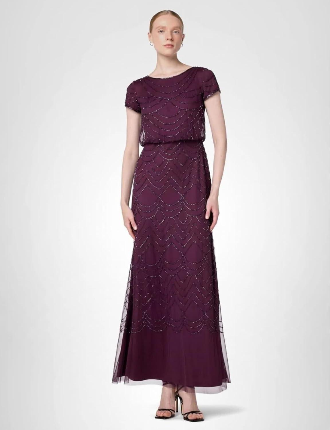 image:imageAdrianna Papell Womens Short Sleeve Blouson Beaded GownCassis