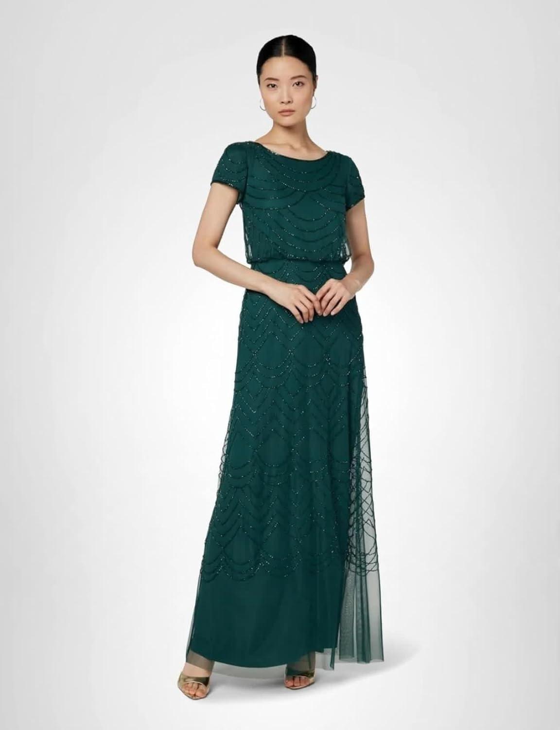 image:imageAdrianna Papell Womens Short Sleeve Blouson Beaded GownDusty Emerald