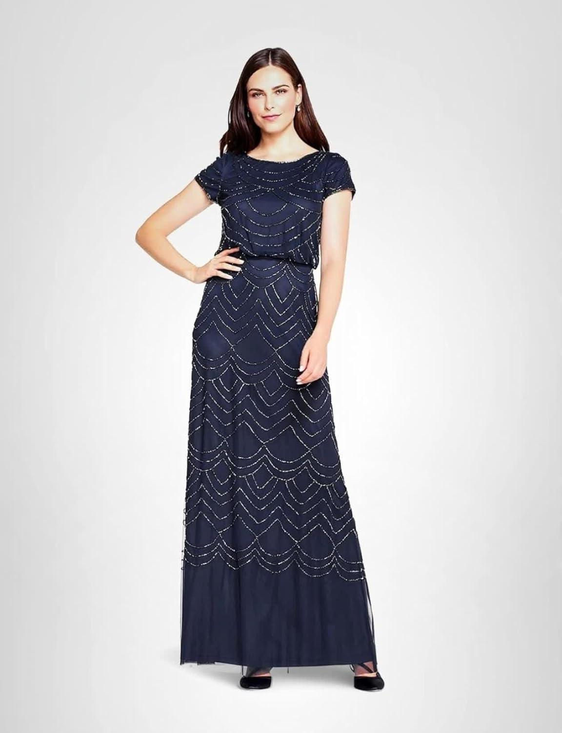 image:imageAdrianna Papell Womens Short Sleeve Blouson Beaded GownNavy