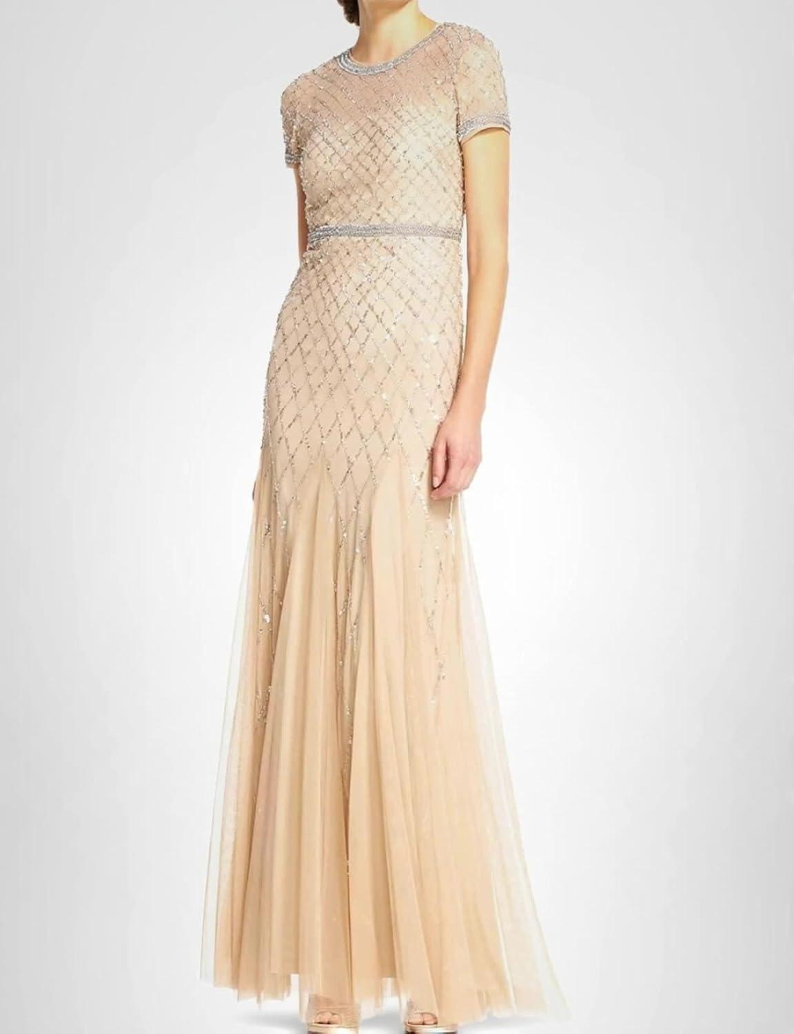 image:imageAdrianna Papell Womens ShortSleeve Grid Beaded GownChampagne