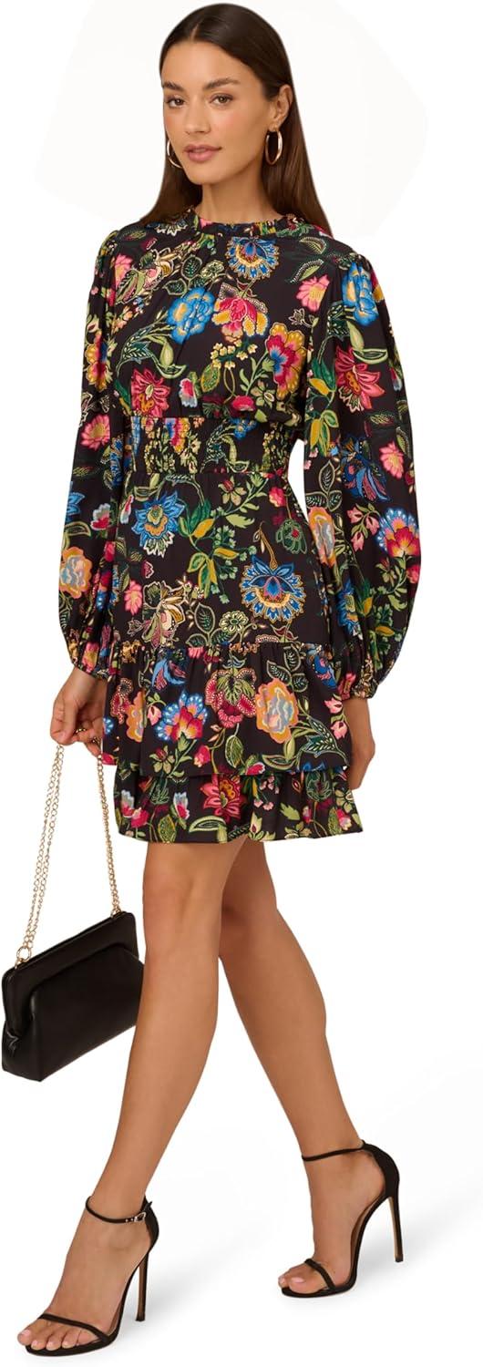 image:imageAdrianna Papell Womens Smocked Printed Short DressBlack Multi