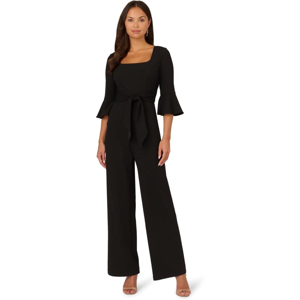 image:imageADRIANNA PAPELL Womens Knit Crepe Tie Front Jumpsuit  Formal One Piece Jumpsuit with Bell Sleeves amp Wide Leg DesignBlack