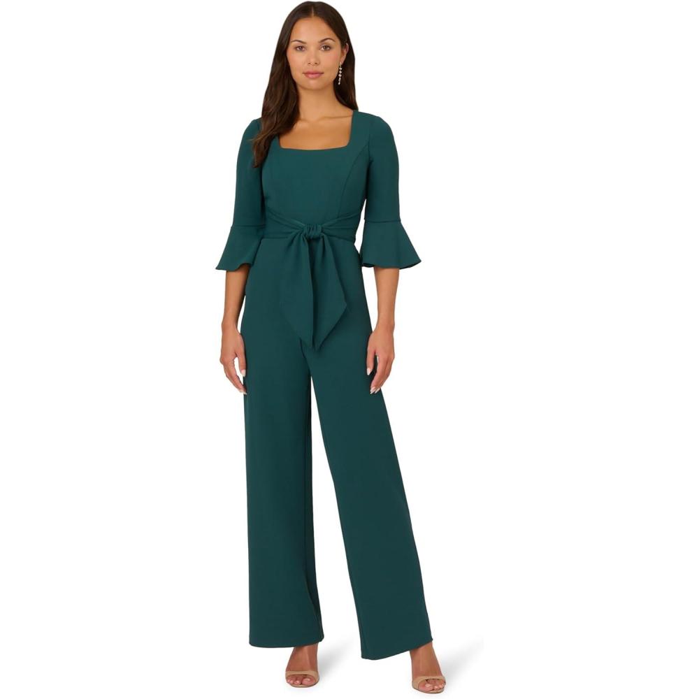 image:imageADRIANNA PAPELL Womens Knit Crepe Tie Front Jumpsuit  Formal One Piece Jumpsuit with Bell Sleeves amp Wide Leg DesignHunter